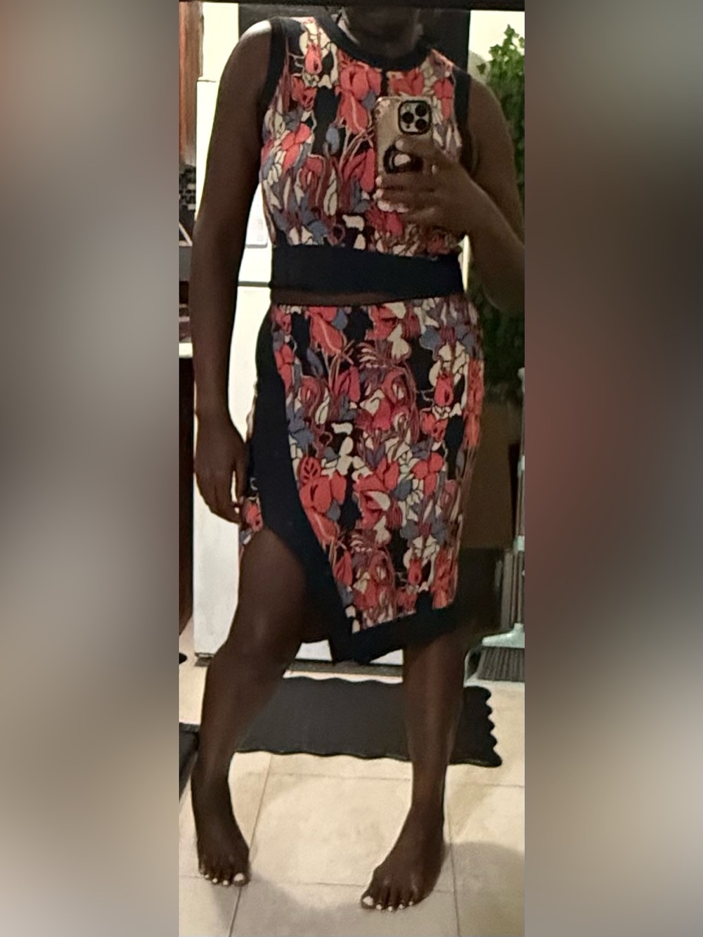 Vintage Floral Two Piece Crop Top Asymmetrical Skirt Set L